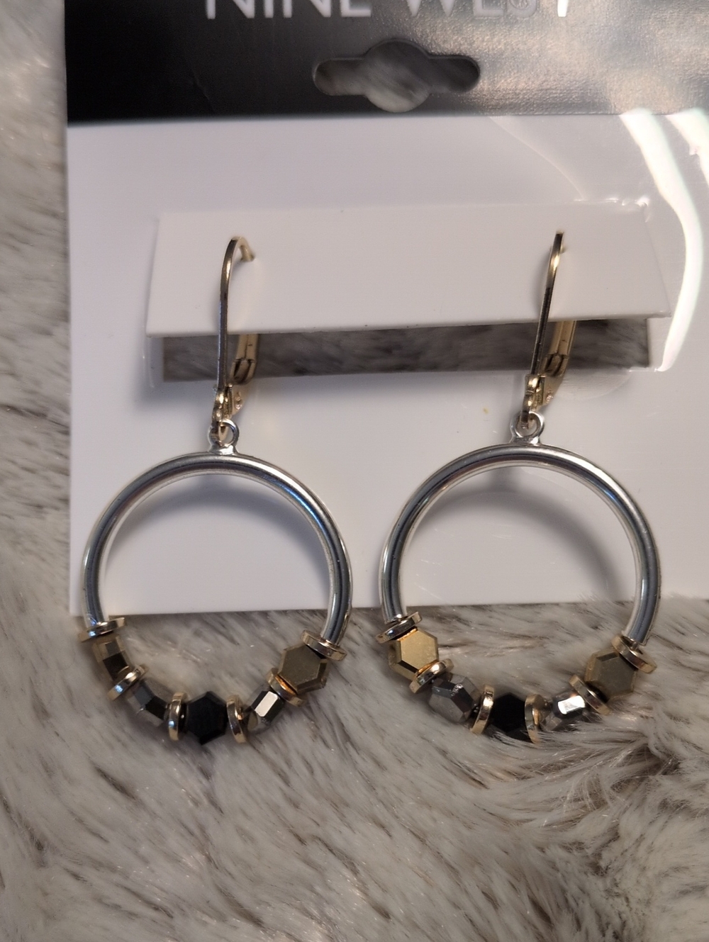 Nine West Silver Hoop Earrings with Gold and Black Beads